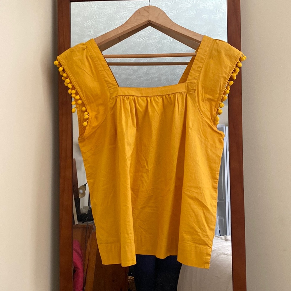 J.CREW Mustard Golden Yellow Square Neck Sleeveless Blouse with Poms